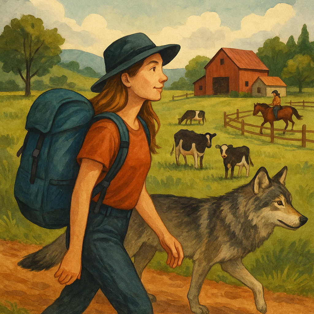 Eine junge Frau begibt sich auf die Reise mit ihrem inneren Wolf und läuf an Kühen und einer Reiterin vorbei.