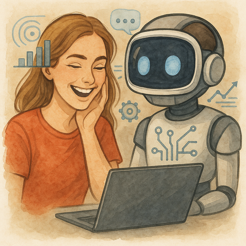 KI genererierte junge Frau vor einem Laptop und nebendran steht ein Roboter