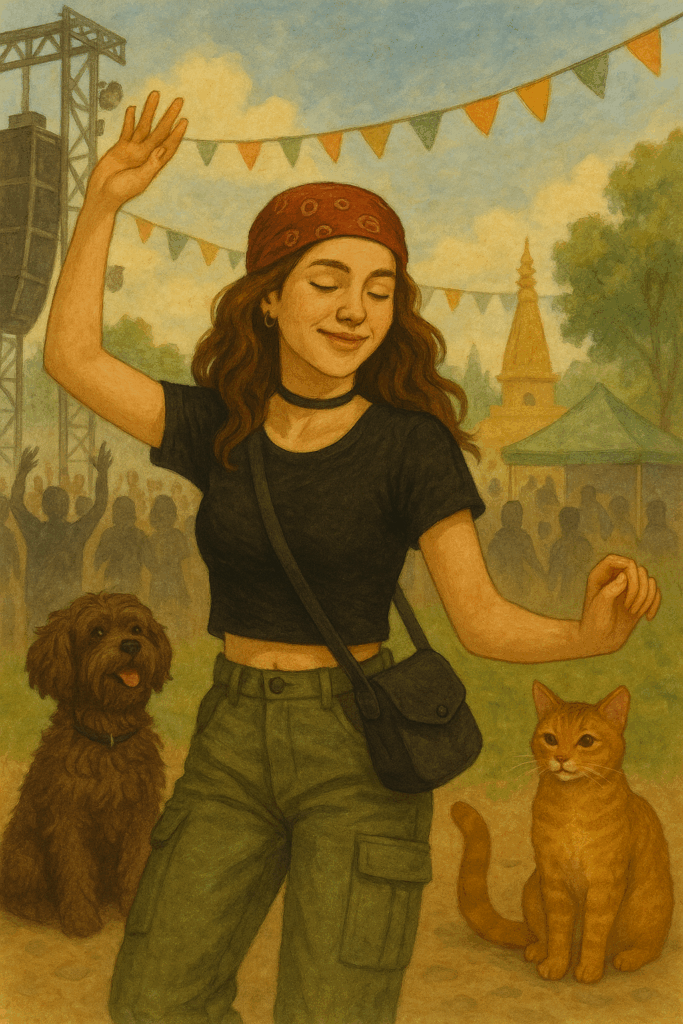 Ki erstellte junge Frau tanzt im Hintergrund sitzt ein braunen Hund und einer Katze