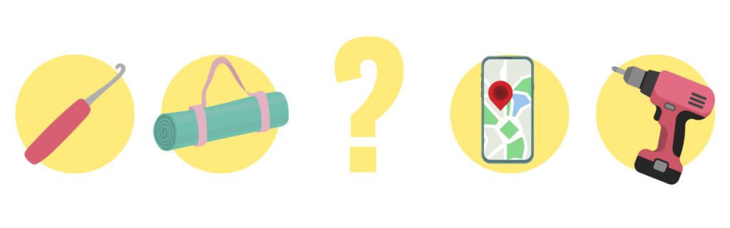 Eine horizontale Reihe von fünf Illustrationen im Flat-Design, von denen vier auf einem kreisrunden, hellgelben Hintergrund platziert sind. Von links nach rechts: eine Häkelnadel mit rotem Griff, eine zusammengerollte türkisgrüne Yogamatte mit Tragegurt, ein großes, freistehendes hellgelbes Fragezeichen, ein Smartphone, das eine Landkarte mit einem roten Standort-Pin zeigt, und ein pinkfarbener Akkuschrauber.