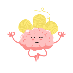 Eine niedliche, rosafarbene Illustration eines Gehirns in Meditationshaltung. Das Gehirn hat geschlossene Augen, ein lächelndes Gesicht und rote Wangen. Anstelle einer Frisur trägt es drei gelbe Wollknäuel auf dem Kopf. Die Arme und Beine sind in einer entspannten Yoga-Pose (Lotussitz) dargestellt.
