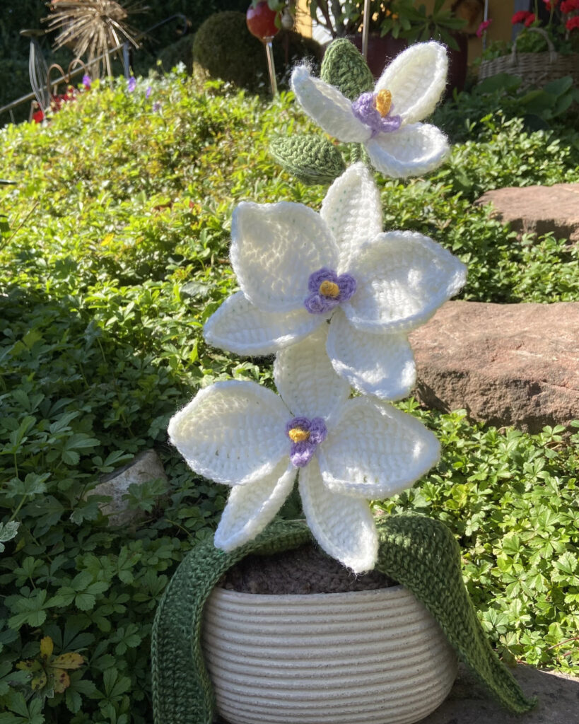 Eine weiße gehäkelte Orchidee
