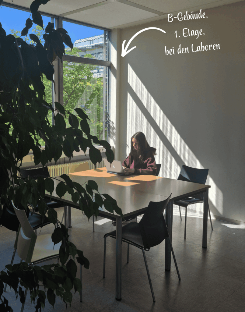 Studentin arbeitet an Tisch nahe Laboren im B-Gebäude im 1. Stock