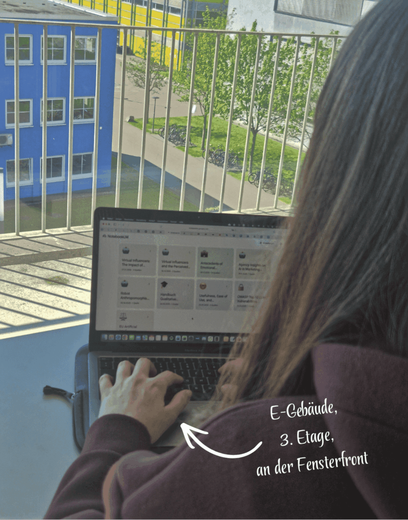 Marlene arbeitet am Laptop an Fensterfront im E-Gebäude im 3. Stock