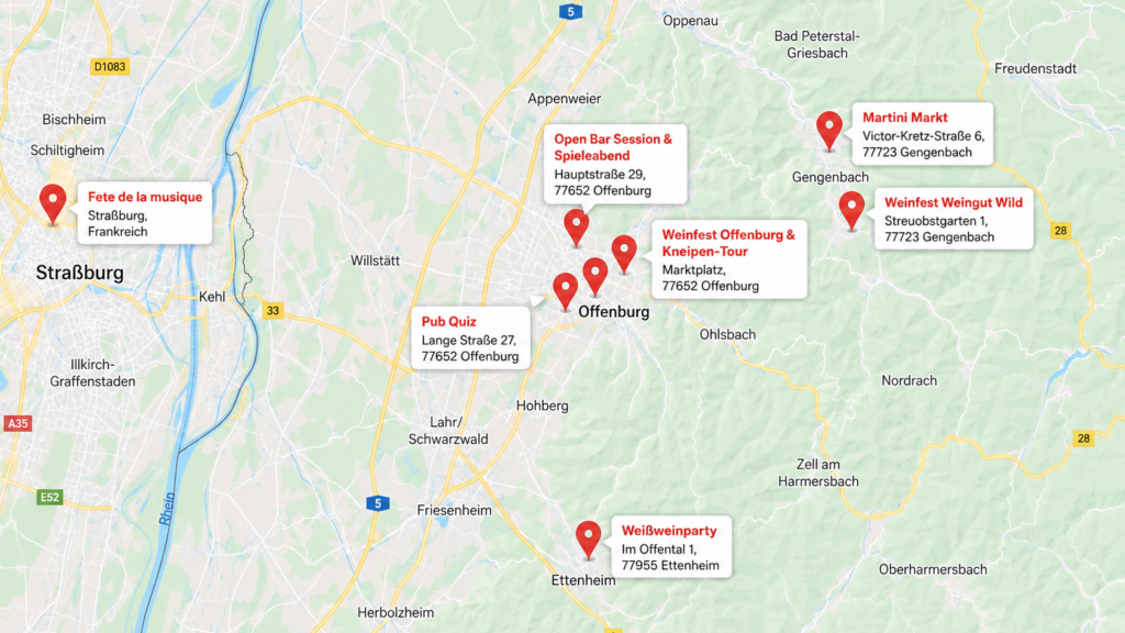 Karte mit den Events in Offenburg und Umgebung