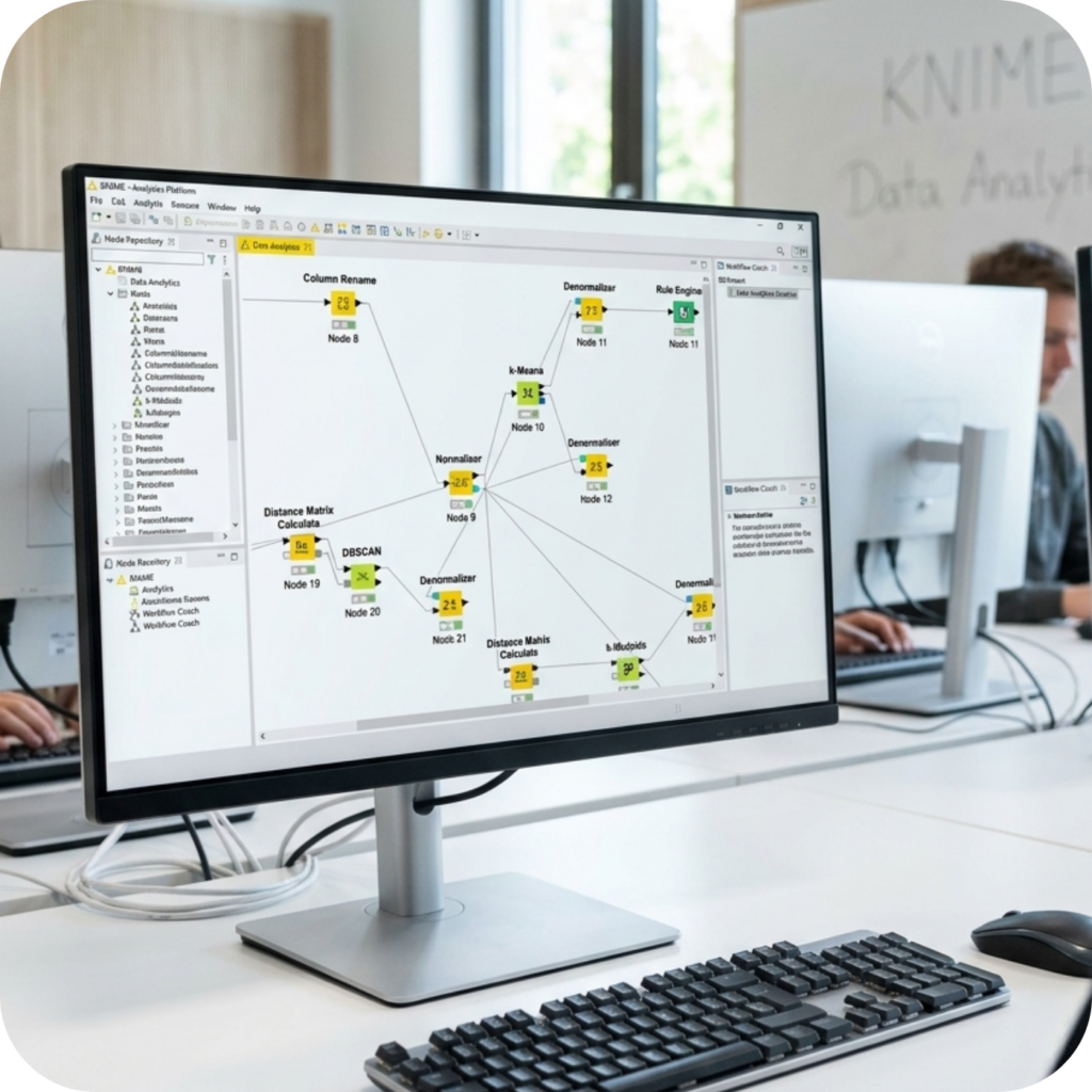 Ein PC im KNIME Labor, wo man das Programm "KNIME" sieht mit Workflow.