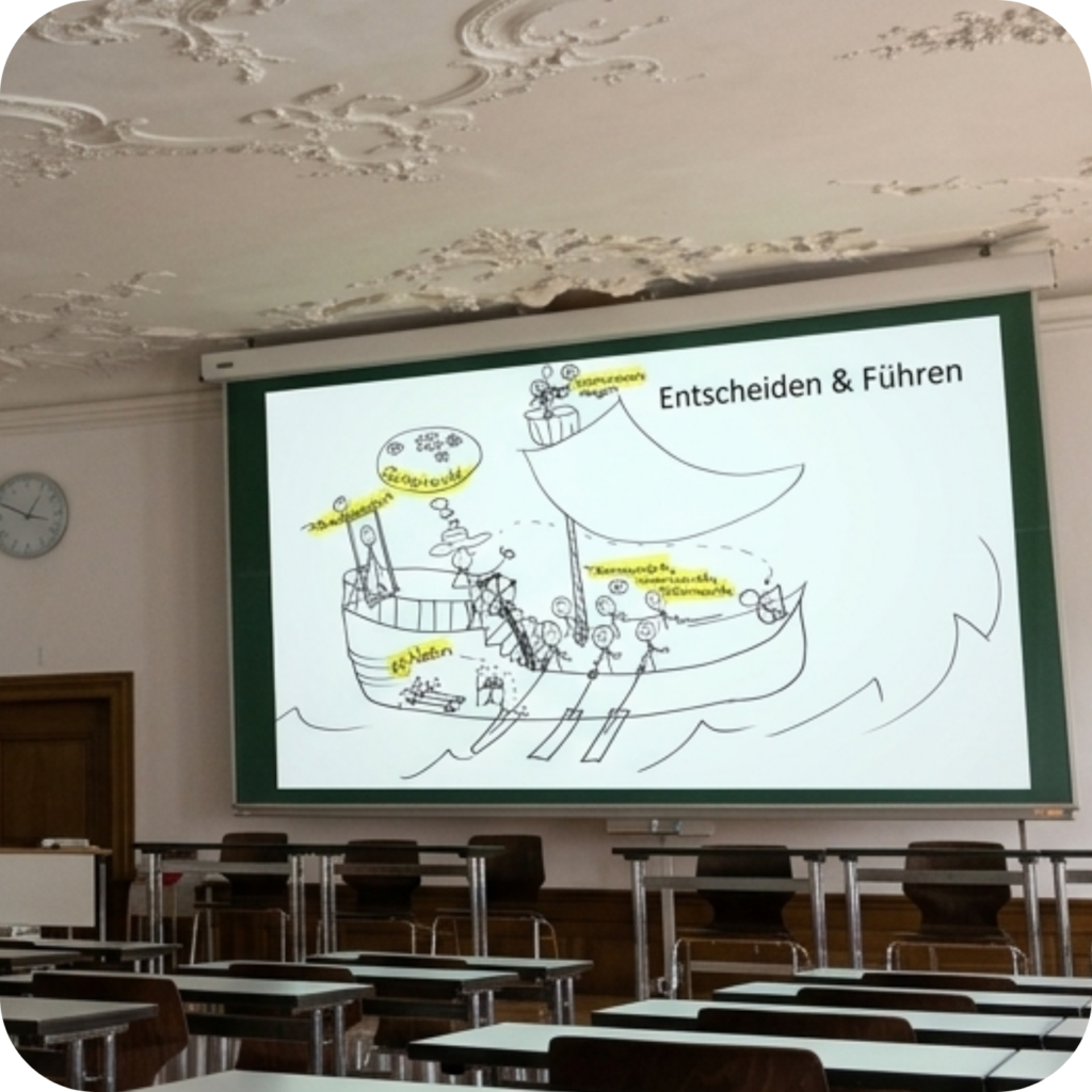 Ein Vorlesungssaal, bei dem ein Beamer eine Vorlesungsfolie projiziert, wo es über "Entscheiden & Führen" geht