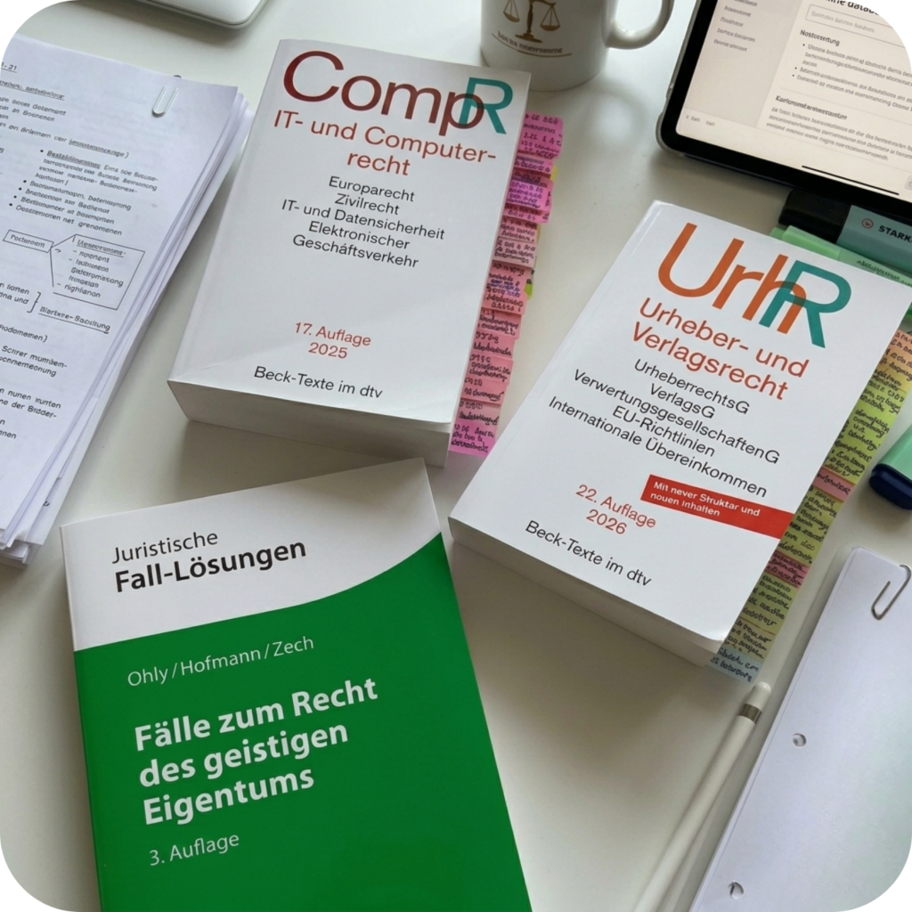 Ein Schnappschuss eines Schreibtisches, auf dem sich zwei Gesetzbücher befinden, sowie ein Fall-Löse-Buch.