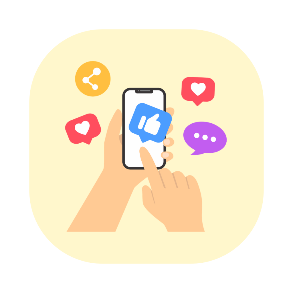 Zwei Hände die ein Smartphone bedienen, und dabei Symbole erscheinen, wie ein Daumen hoch, ein Like, ein Share und ein Textsymbol.