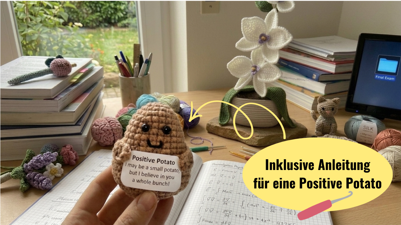 Titelbild mit einer gehäkelten „Positive Potato“ und dem Hinweis auf eine enthaltene Anleitung. Das Bild zeigt die Figur im Vordergrund vor einem Hintergrund aus bunten Woll-Accessoires und Unterlagen für das Studium.