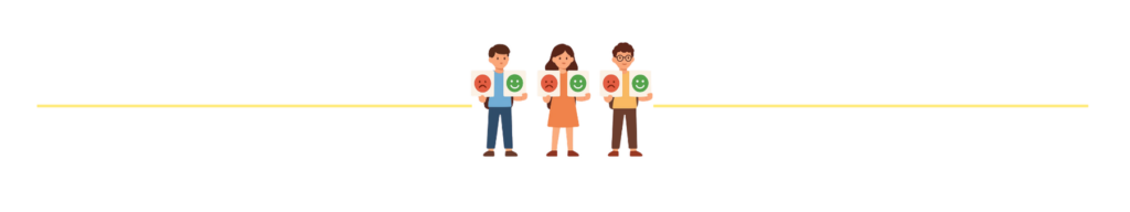 Trennelement mit 3 Alumni, die einen traurigen und einen fröhlichen Smiley in der Hand jeweils halten