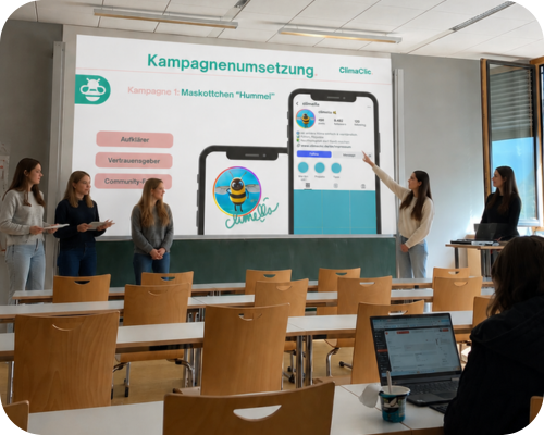 Fünf Studentinnen präsentieren in einem Vorlesungsraum ein Projekt.