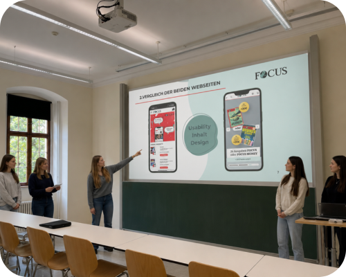 Fünf Studentinnen präsentieren in einem Vorlesungsraum ein Projekt.