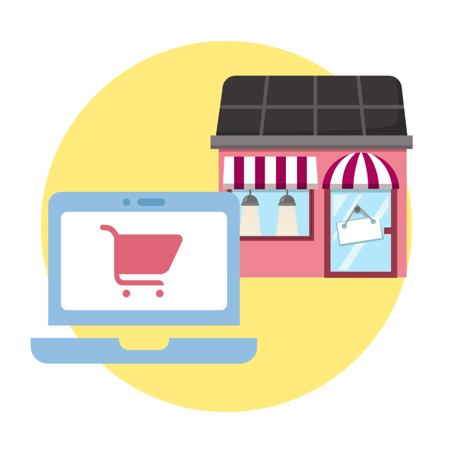 Eine Flat-Design-Illustration vor einem gelben Kreis. Links im Vordergrund steht ein hellblauer Laptop, auf dessen Bildschirm ein roter Einkaufswagen zu sehen ist. Rechts daneben und leicht versetzt im Hintergrund steht eine pinkfarbene Ladenfront mit Markise und Schaufenster. Diese Komposition symbolisiert die Verbindung von Online- und Offline-Shopping.