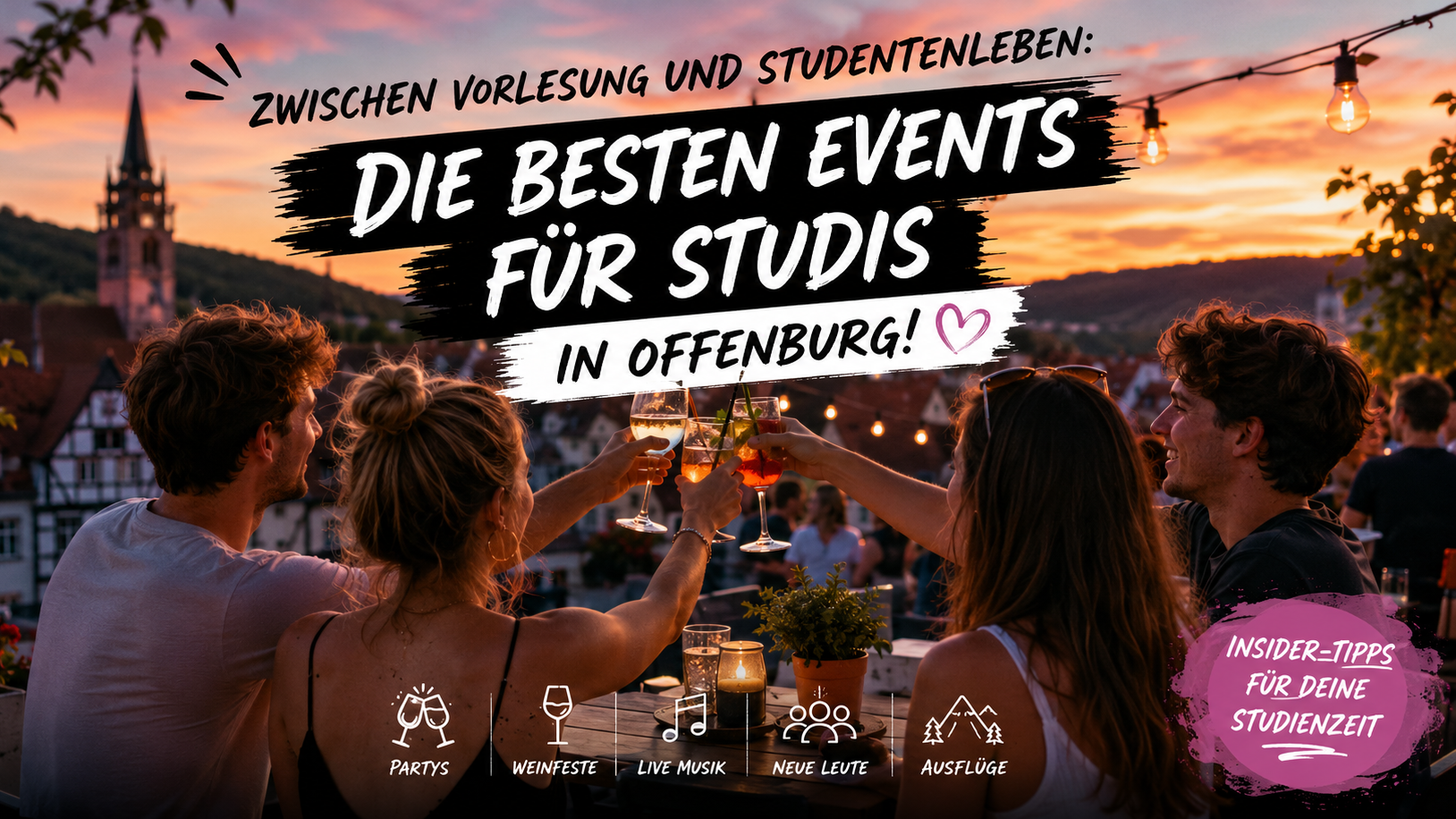 Studierende stoßen mit Weingläsern an und blicken auf die Natur in Offenburg und Gengenbach