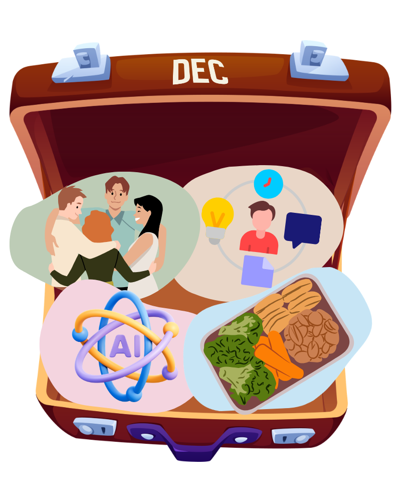 Ein Koffer mit der Aufschrift "DEC", der 4 Elemente enthält: einmal eine Gruppe, die zusammensteht. Ein Symbol, dass KI darstellt. Eine Mealprep-Box. Und ein Symbol, dass einen Menschen in der Mitte zeigt und um ihn herum sind Symbole die ein Orga Tool darstellen sollen.